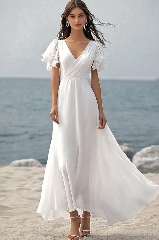 Ivory Ruffled Chiffon Beach Maxi Wedding Reception Dress with Sleeves