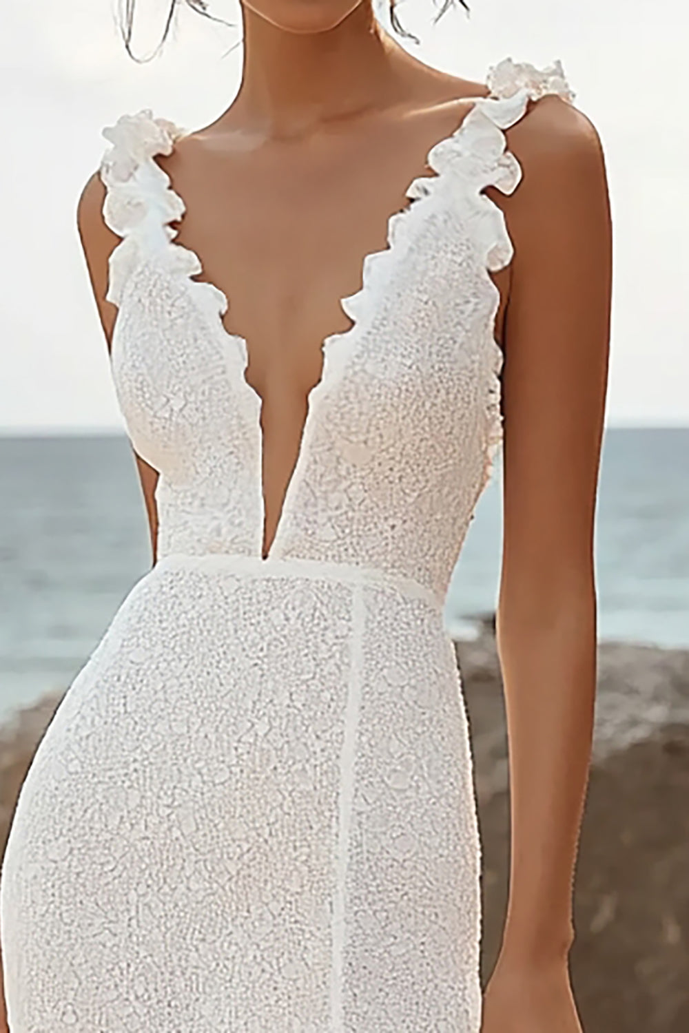 Ivory Lace Deep V-Neck High-Low Rehearsal Dinner Dress with Ruffles
