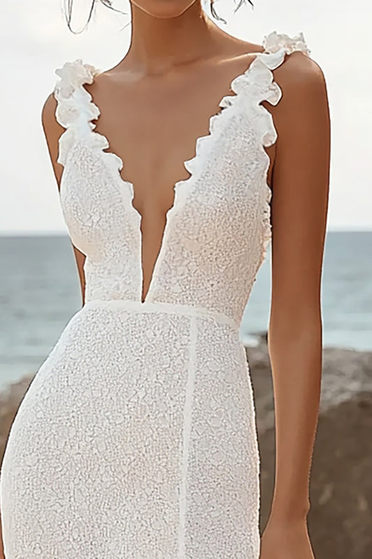Ivory Lace Deep V-Neck High-Low Rehearsal Dinner Dress with Ruffles