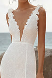 Ivory Lace Deep V-Neck High-Low Rehearsal Dinner Dress with Ruffles