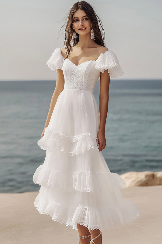 Ivory Ruffled Beach Maxi Engagement Dress with Lace