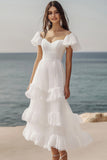 Ivory Ruffled Beach Maxi Engagement Dress with Lace