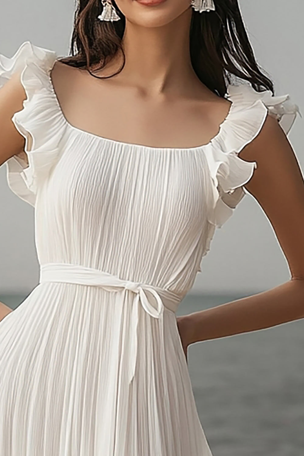 Ivory Chiffon Ruffled Pleated Beach Maxi Engagement Dress with Sash