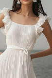 Ivory Chiffon Ruffled Pleated Beach Maxi Engagement Dress with Sash