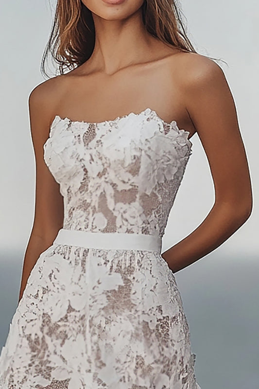Ivory Beach Lace Strapless Maxi Wedding Reception Dress with Ruffles