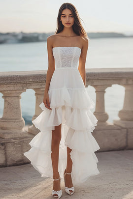Ivory Organza Tiered High-Low Engagement Dress with Ruffles