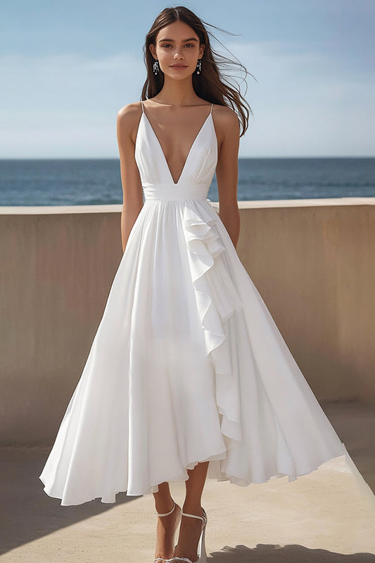 Ivory Satin Spaghetti Straps Maxi Rehearsal Dinner Dress with Ruffles