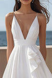 Ivory Satin Spaghetti Straps Maxi Rehearsal Dinner Dress with Ruffles