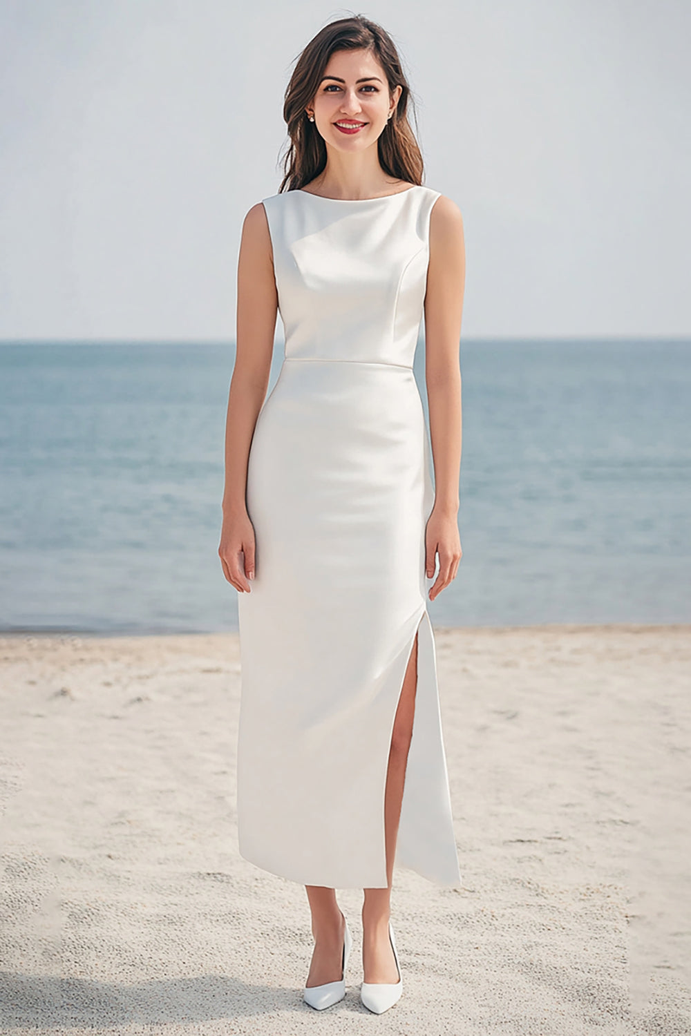 Ivory Satin Sheath Maxi Wedding Reception Dress with Slit