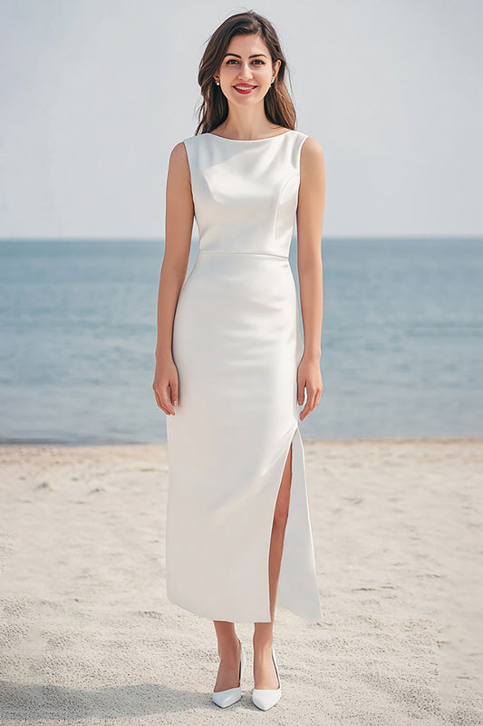 Ivory Satin Sheath Maxi Wedding Reception Dress with Slit