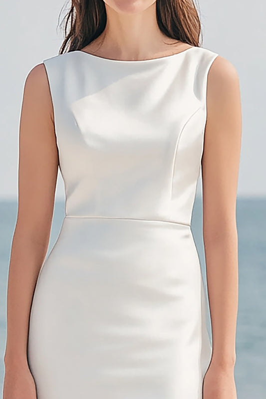 Ivory Satin Sheath Maxi Wedding Reception Dress with Slit