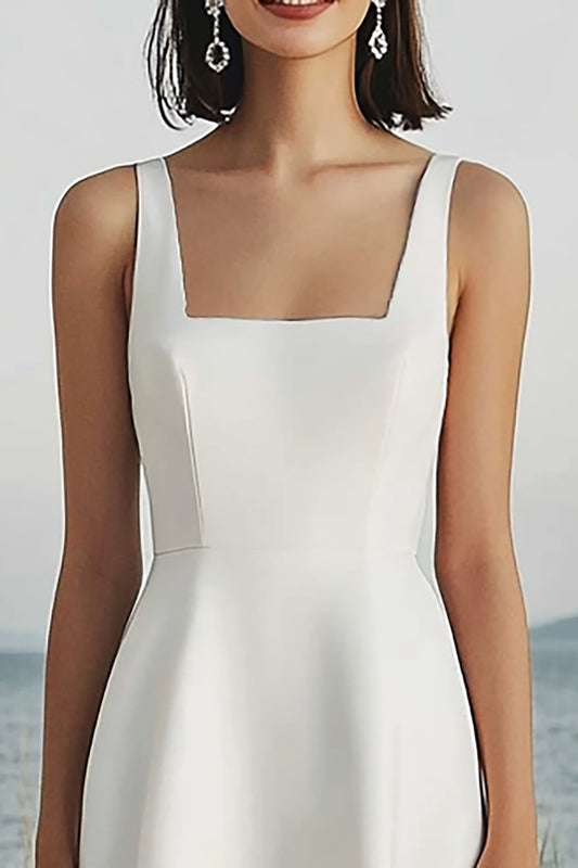 Ivory A Line Square Neck Maxi Satin Rehearsal Dinner Dress