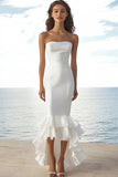 Ivory Mermaid Strapless High-Low Wedding Reception Dress with Ruffles