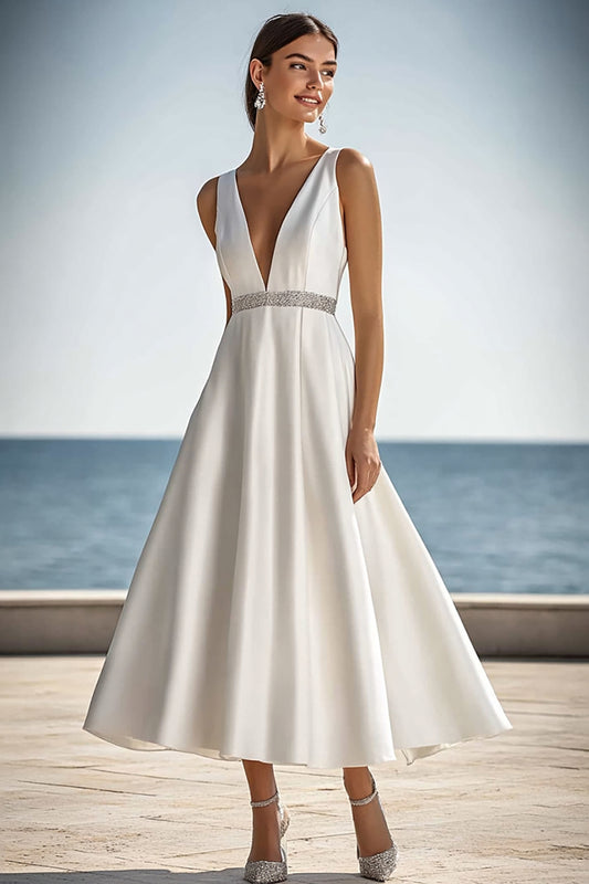 Sparkly Ivory V-Neck Maxi Satin Rehearsal Dinner Dress with Beading