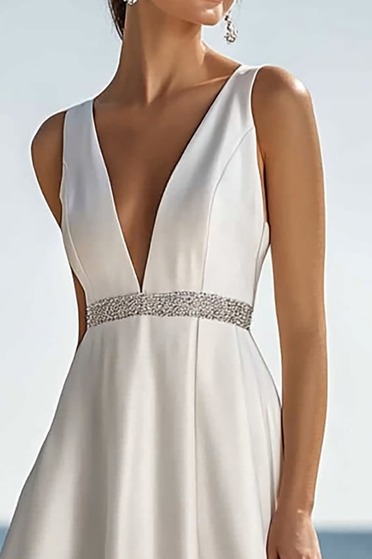 Sparkly Ivory V-Neck Maxi Satin Rehearsal Dinner Dress with Beading