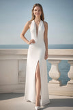 Ivory Sheath Maxi Satin Wedding Reception Dress with Slit