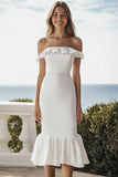 Ivory Satin Bodycon Engagement Dress with Ruffles