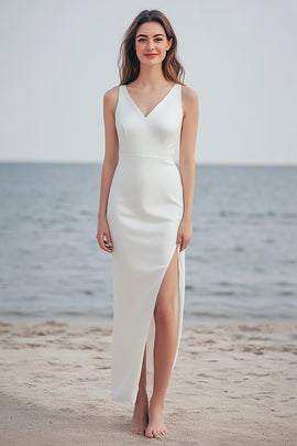 Ivory Sheath Maxi Satin Wedding Reception Dress with Slit