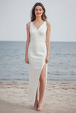 Ivory Sheath Maxi Satin Wedding Reception Dress with Slit