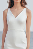 Ivory Sheath Maxi Satin Wedding Reception Dress with Slit