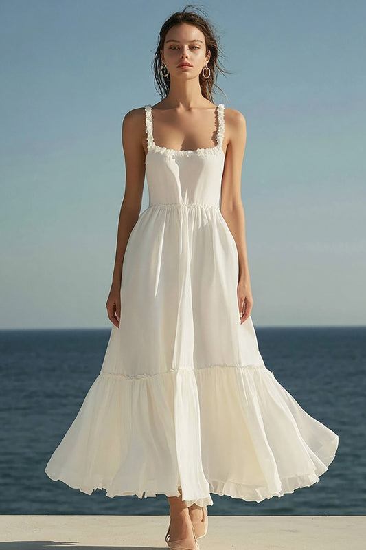 Ivory Square Neck Beach Maxi Engagement Dress with Ruffles