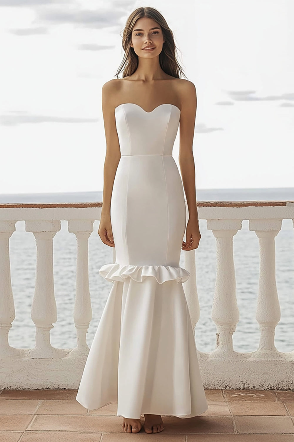 Ivory Mermaid Sweetheart Maxi Satin Wedding Reception Dress with Ruffles