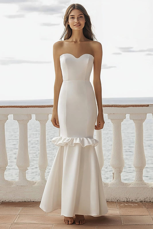 Ivory Mermaid Sweetheart Maxi Satin Wedding Reception Dress with Ruffles