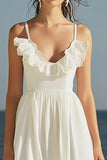Ivory Spaghetti Straps Beach Maxi Engagement Dress with Ruffles