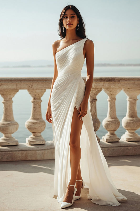 Ivory Chiffon One Shoulder Beach Maxi Engagement Dress with Slit