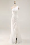 Ivory Ruched One Shoulder Beach Maxi Rehearsal Dinner Dress with Slit