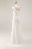 Ivory Ruched One Shoulder Beach Maxi Rehearsal Dinner Dress with Slit