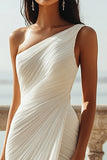 Ivory Chiffon One Shoulder Beach Maxi Engagement Dress with Slit