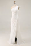 Ivory Ruched One Shoulder Beach Maxi Rehearsal Dinner Dress with Slit