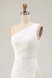 Ivory Ruched One Shoulder Beach Maxi Rehearsal Dinner Dress with Slit