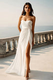 Ivory Ruched Sweetheart Beach Maxi Engagement Dress with Slit