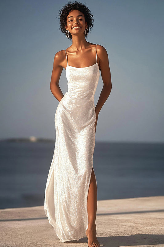 Sparkly Ivory Sequin Maxi Wedding Reception Dress Sheath Spaghetti Straps Rehearsal Dinner Dress with Slit