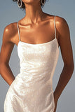 Sparkly Ivory Sequin Sheath Maxi Wedding Reception Dress with Slit