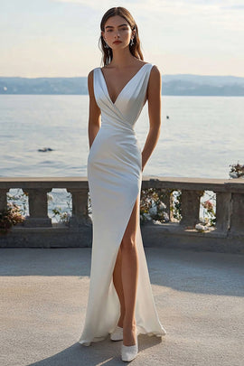 Ivory Ruched Satin Sheath Maxi Rehearsal Dinner Dress with Slit