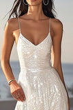 Sparkly Ivory Sequin Spaghetti Straps Maxi Wedding Reception Dress