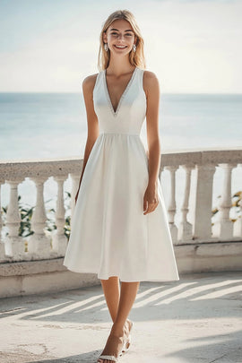 Ivory Satin A Line V-Neck Midi Engagement Dress with Beading