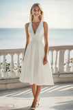 Ivory Satin A Line V-Neck Midi Engagement Dress with Beading