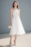 Simple Ivory A Line One Shoulder Midi Tulle Wedding Reception Dress