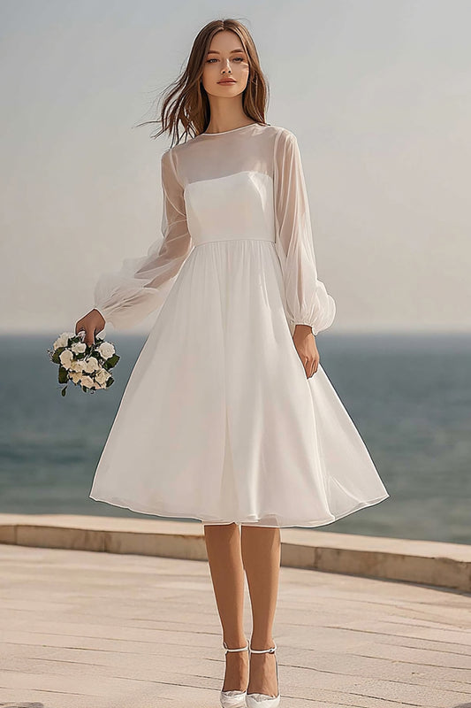 Ivory Tulle Long Sleeves Midi Bridal Shower Dress