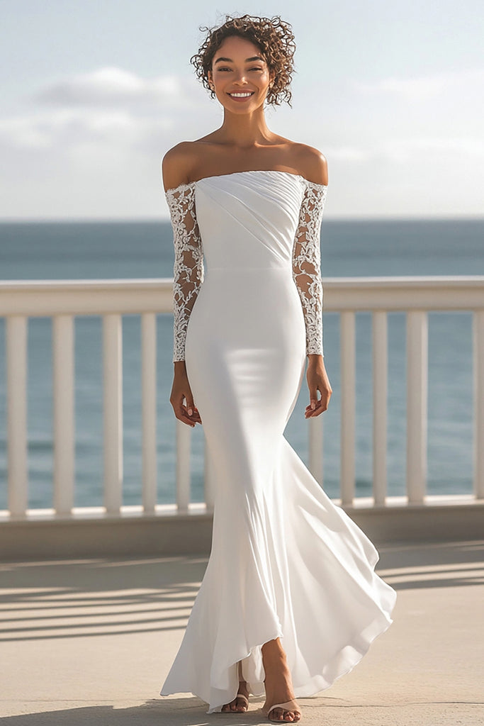 Zapakasa Women Ivory Chiffon Maxi Rehearsal Dinner Dress with Sleeves