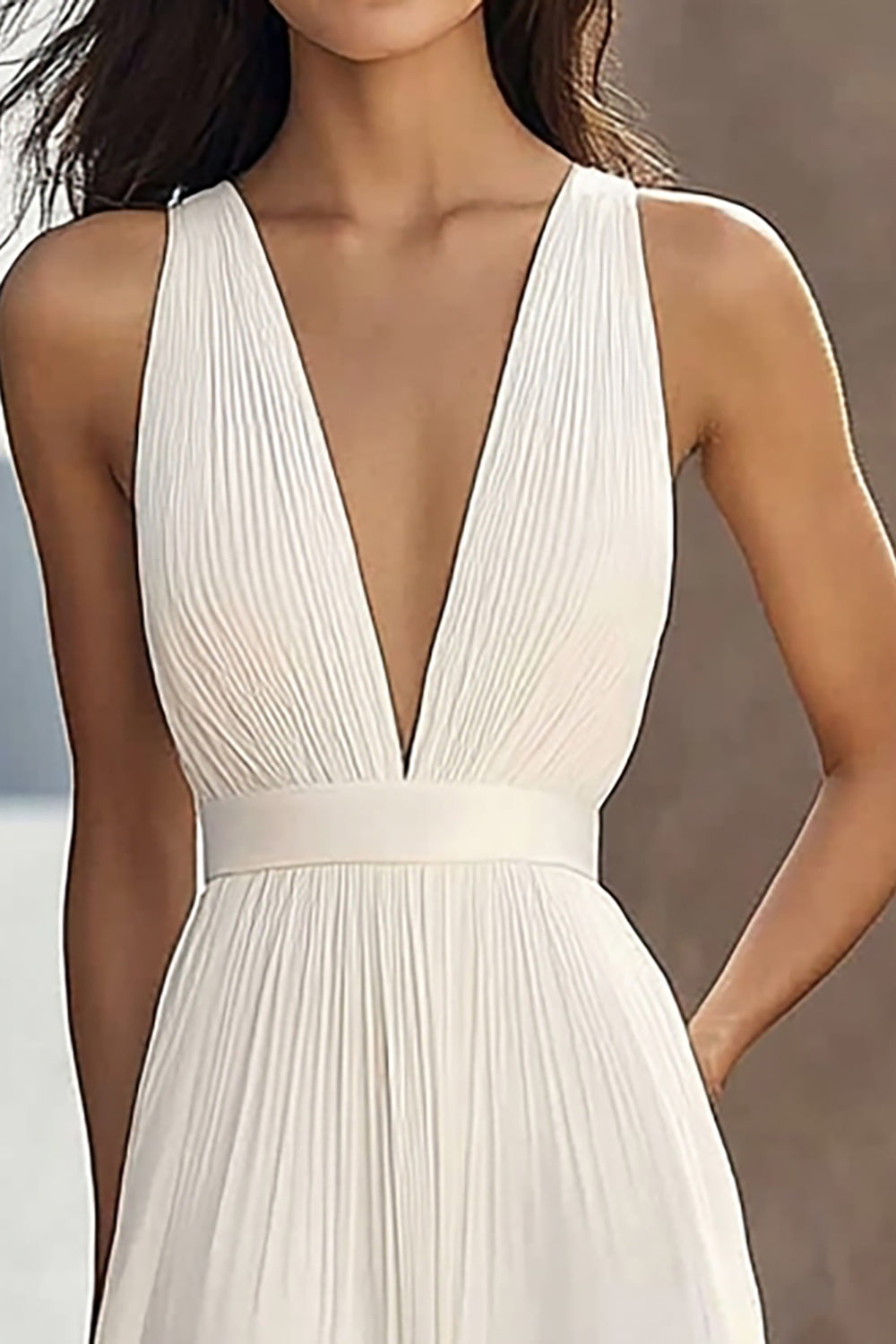 Chiffon Ivory Ruched Deep V-Neck Beach Maxi Engagement Dress