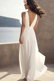 Chiffon Ivory Ruched Deep V-Neck Beach Maxi Engagement Dress