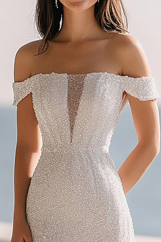 Sparkly Ivory Sequin Off the Shoulder Maxi Rehearsal Dinner Dress with Slit