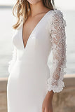 Ivory Satin Long Sleeves Maxi Wedding Reception Dress with Appliques