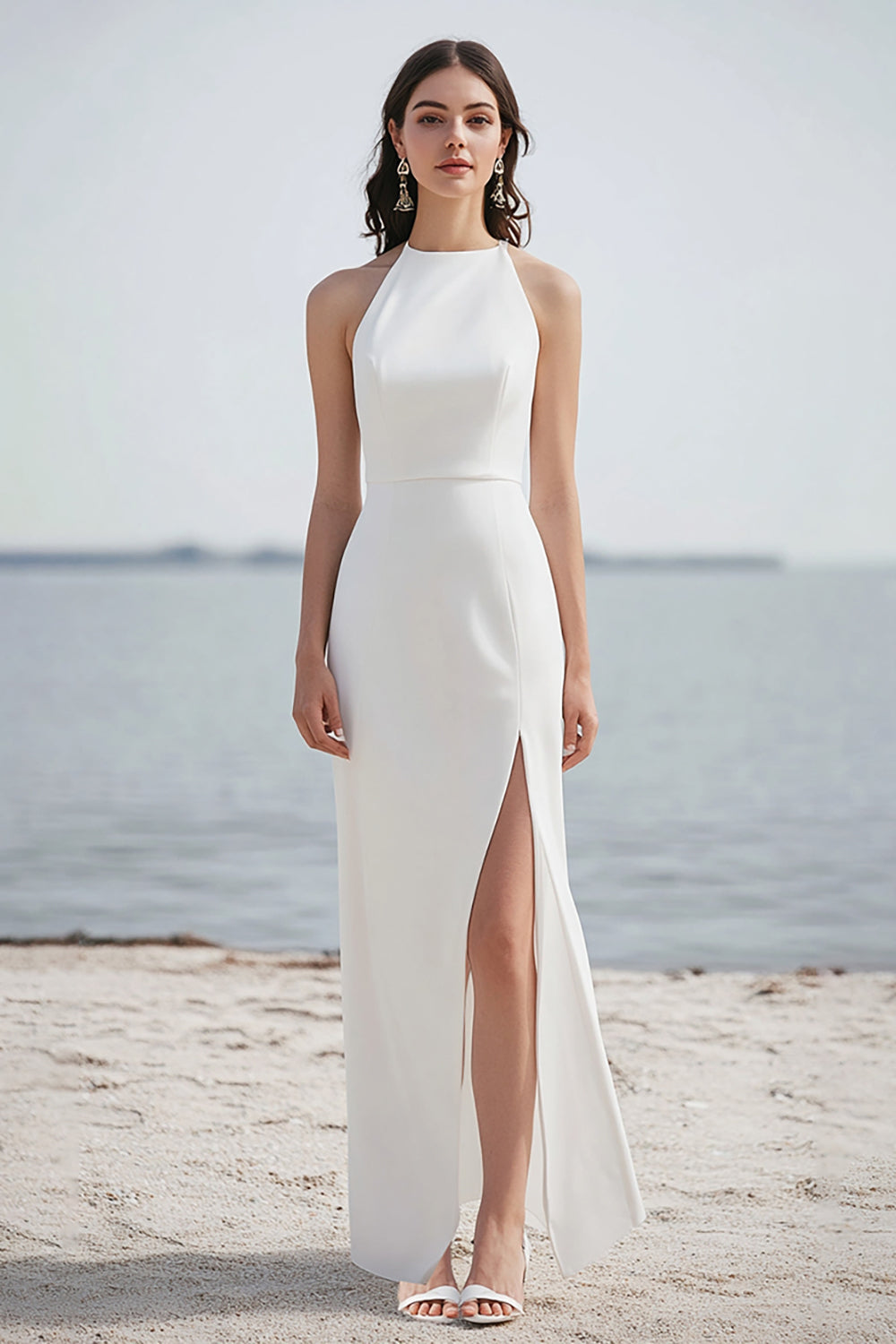 Zapakasa Women Ivory Satin Maxi Rehearsal Dinner Dress with Slit Sheath