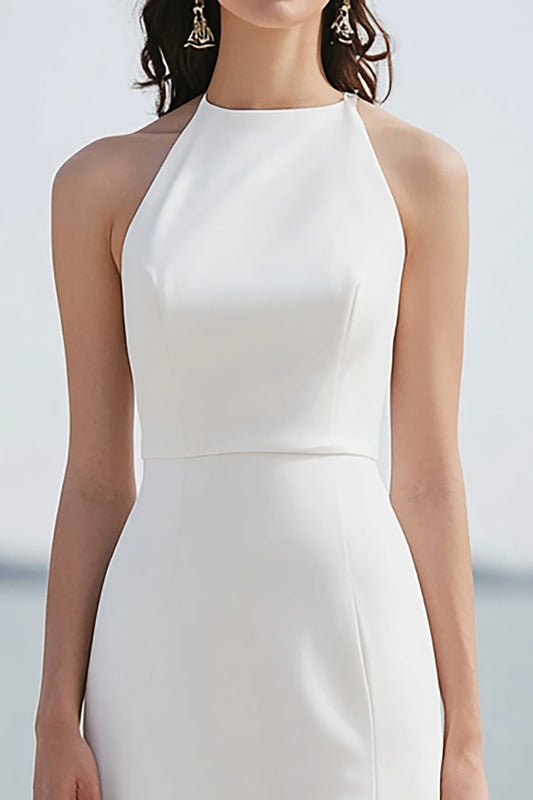 Satin Sheath Halter Ivory Maxi Rehearsal Dinner Dress with Slit